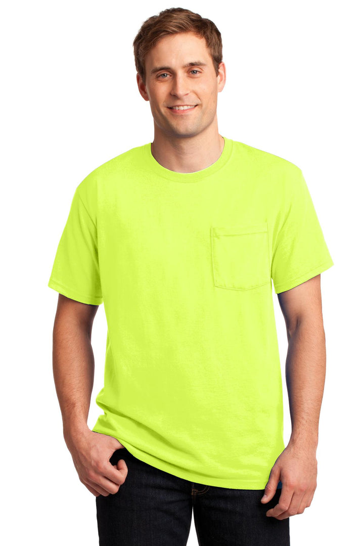Front View of Safety Green Jerzees - Dri-Power 50/50 Cotton/Poly Pocket T-Shirt. 29MP
