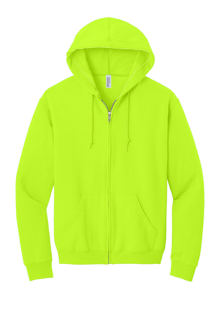 Front View of Safety Green Jerzees - NuBlend Full-Zip Hooded Sweatshirt. 993M