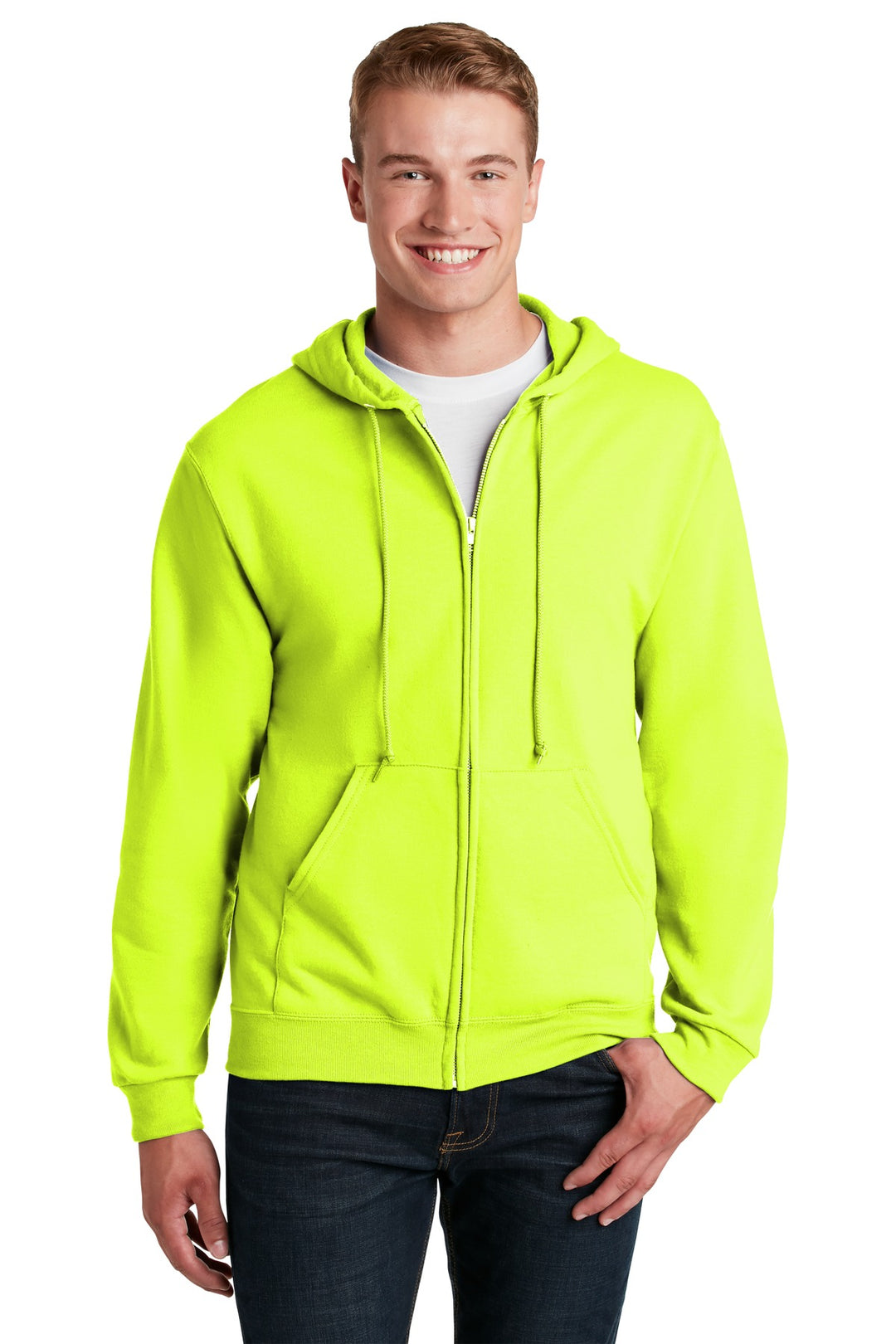 Front View of Safety Green Jerzees - NuBlend Full-Zip Hooded Sweatshirt. 993M
