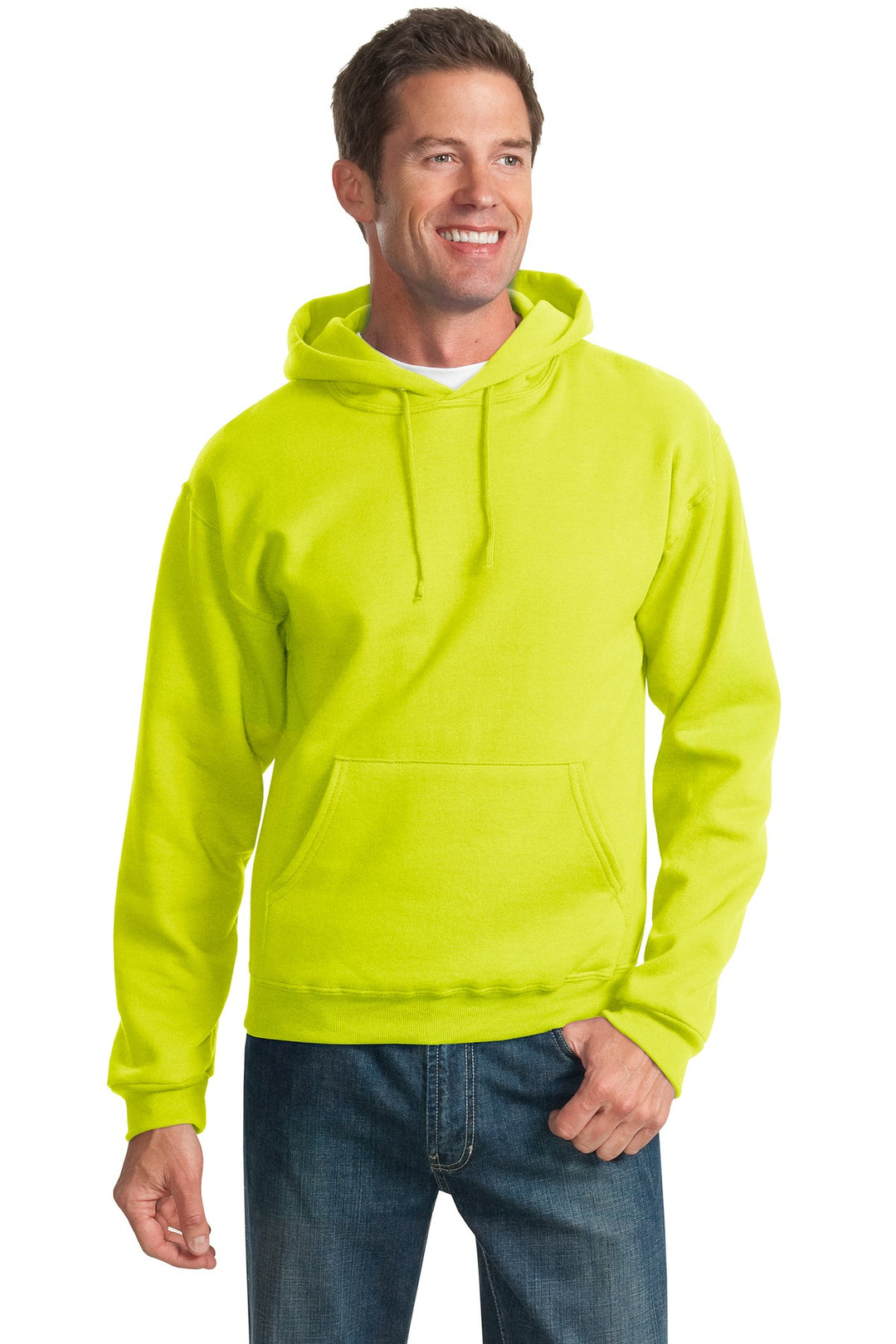 Front View of Safety Green Jerzees NuBlend Pullover Hooded Sweatshirt. 996M