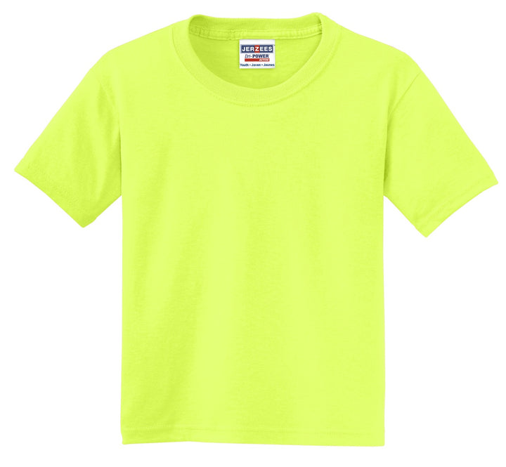 Front View of Safety Green Jerzees - Youth Dri-Power 50/50 Cotton/Poly T-Shirt. 29B