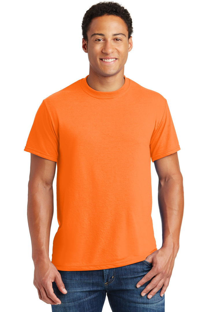 Front View of Safety Orange Jerzees Dri-Power 100% Polyester T-Shirt. 21M