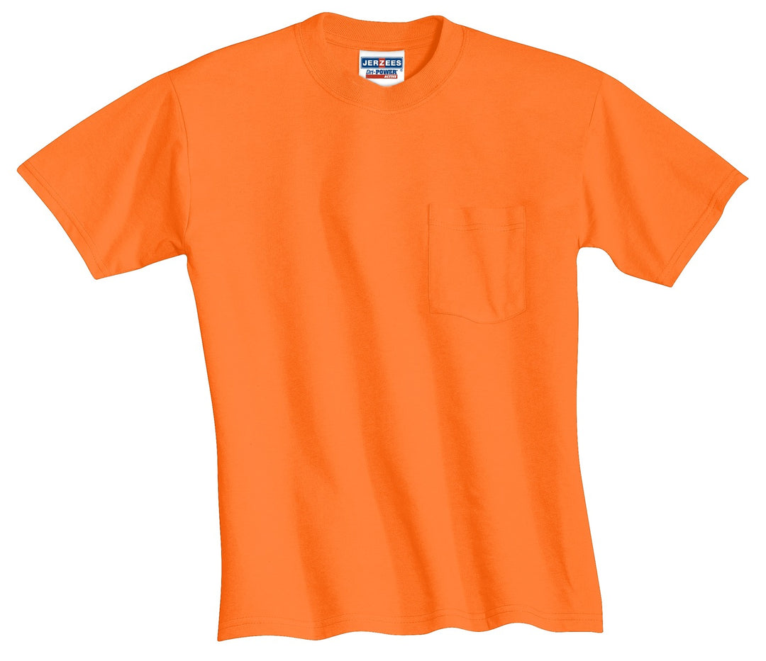 Front View of Safety Orange Jerzees - Dri-Power 50/50 Cotton/Poly Pocket T-Shirt. 29MP