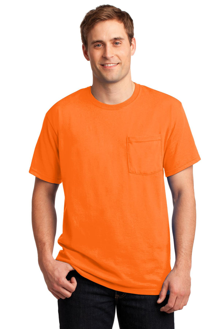 Front View of Safety Orange Jerzees - Dri-Power 50/50 Cotton/Poly Pocket T-Shirt. 29MP