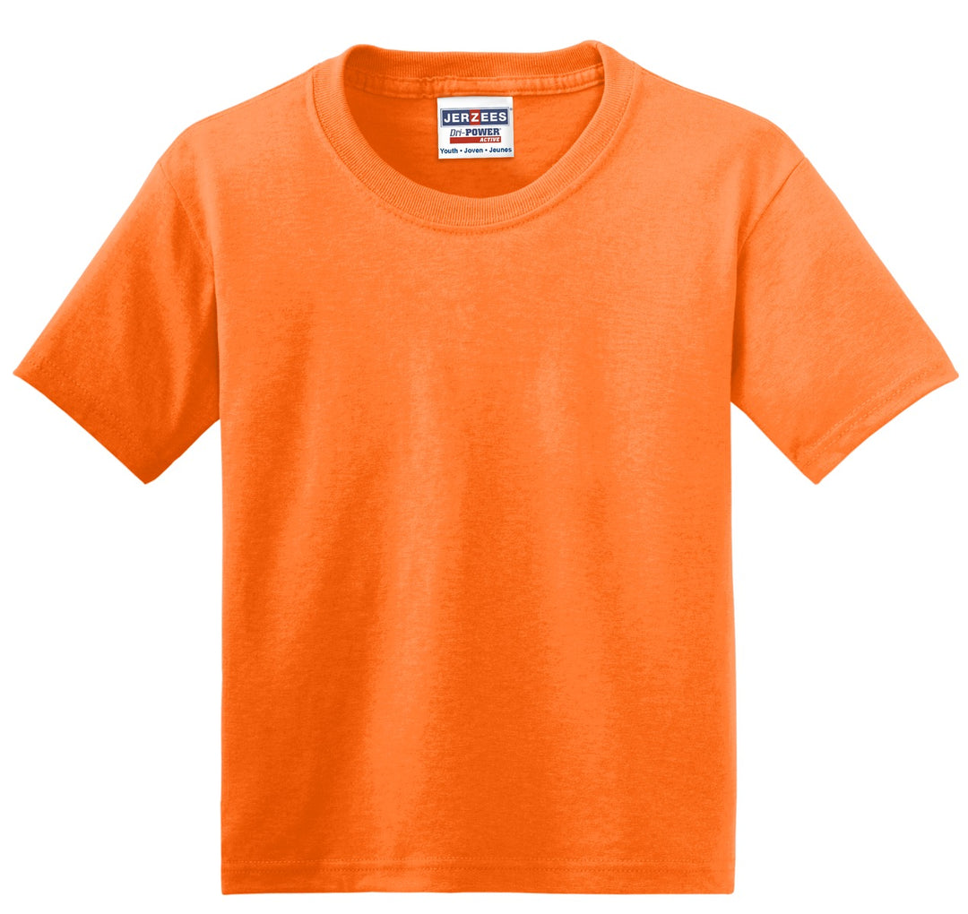Front View of Safety Orange Jerzees - Youth Dri-Power 50/50 Cotton/Poly T-Shirt. 29B