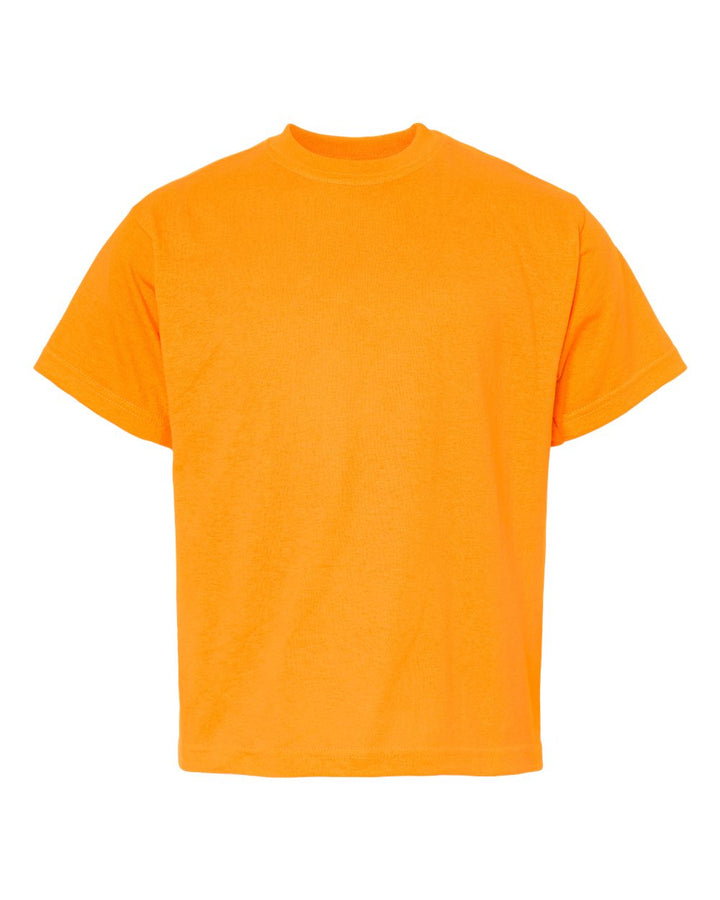 Front View of Safety Orange Youth Gold Soft Touch T-Shirt - 4850