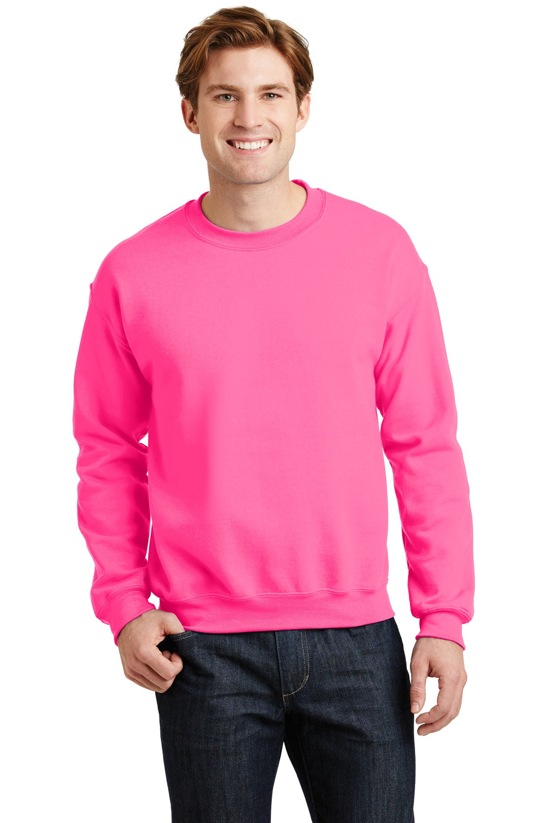 Front View of Safety Pink Gildan Heavy Blend Crewneck Sweatshirt. 18000