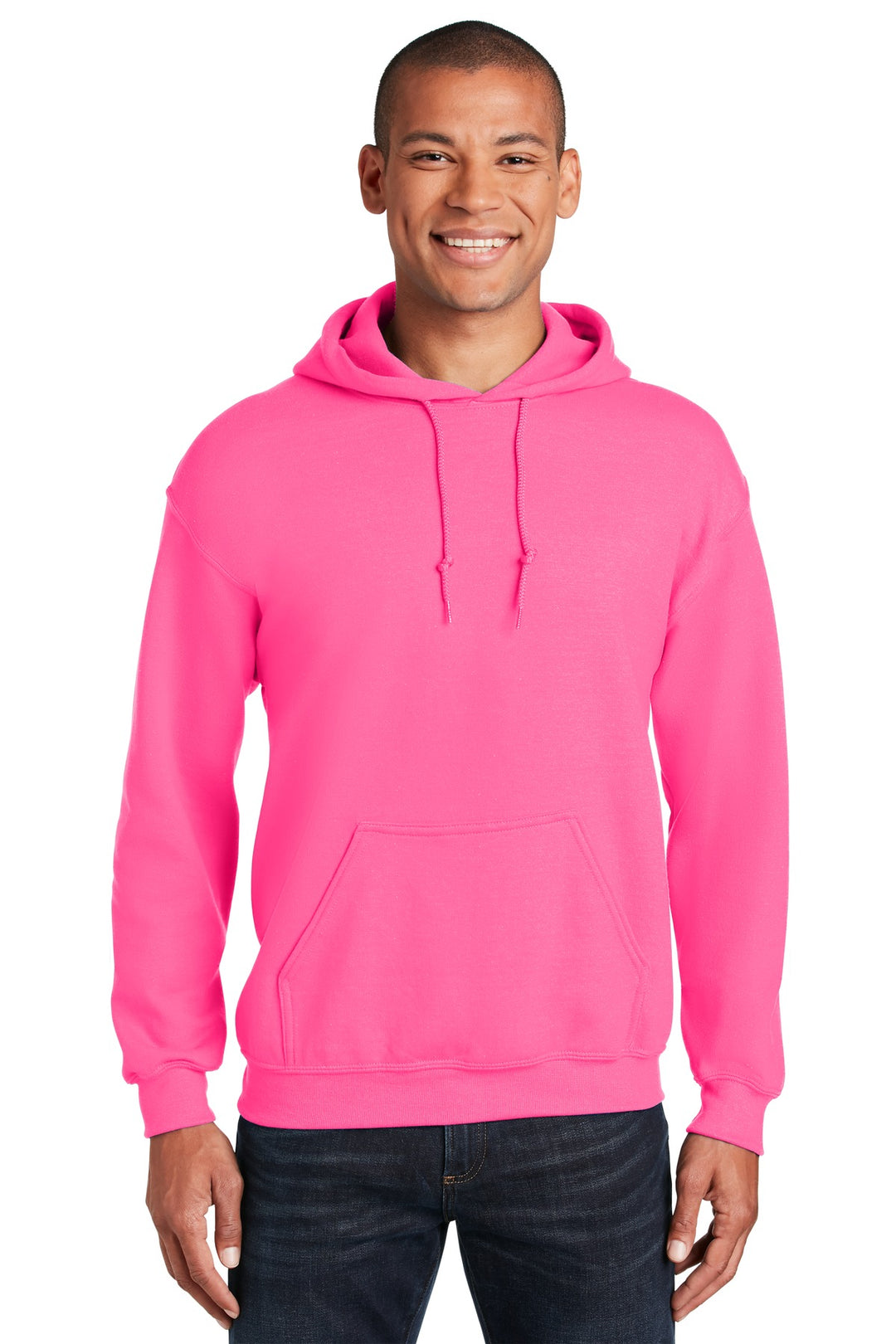 Front View of Safety Pink Gildan - Heavy Blend Hooded Sweatshirt. 18500
