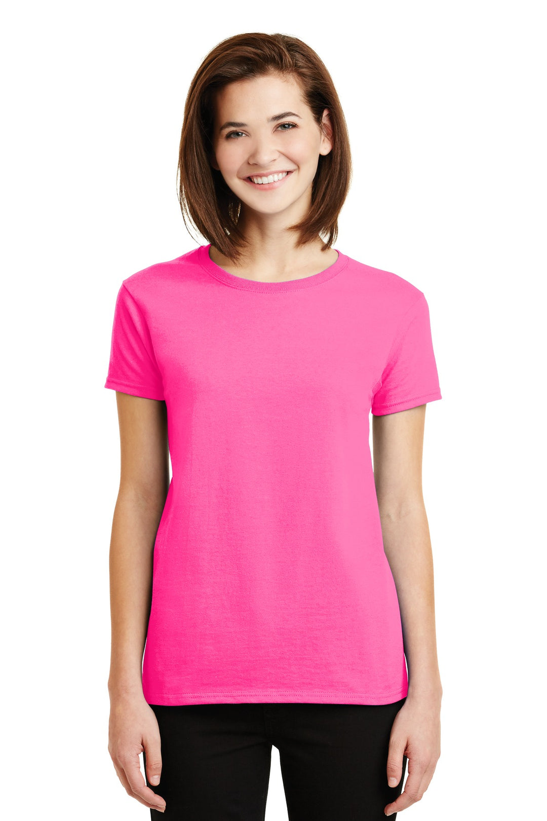 Front View of Safety Pink Gildan Women's Ultra Cotton 100% US Cotton T-Shirt. 2000L