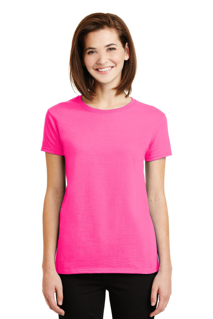 Front View of Safety Pink Gildan Women's Ultra Cotton 100% US Cotton T-Shirt. 2000L