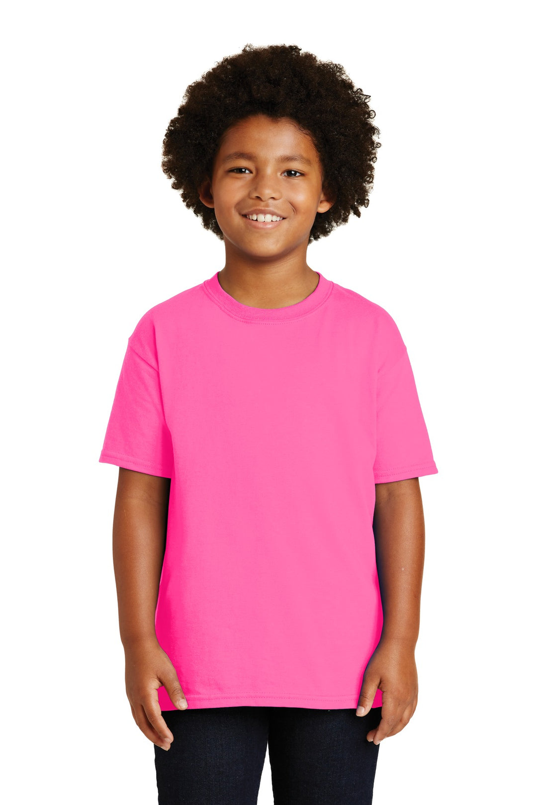 Front View of Safety Pink Gildan - Youth Ultra Cotton 100% US Cotton T-Shirt. 2000B