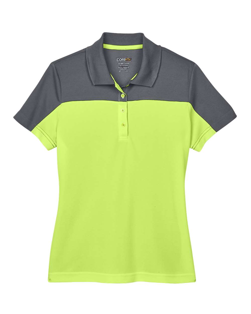 Front View of Safety Yellow/ Carbon Women's Balance Colorblock Performance Piqué Polo - CE101W