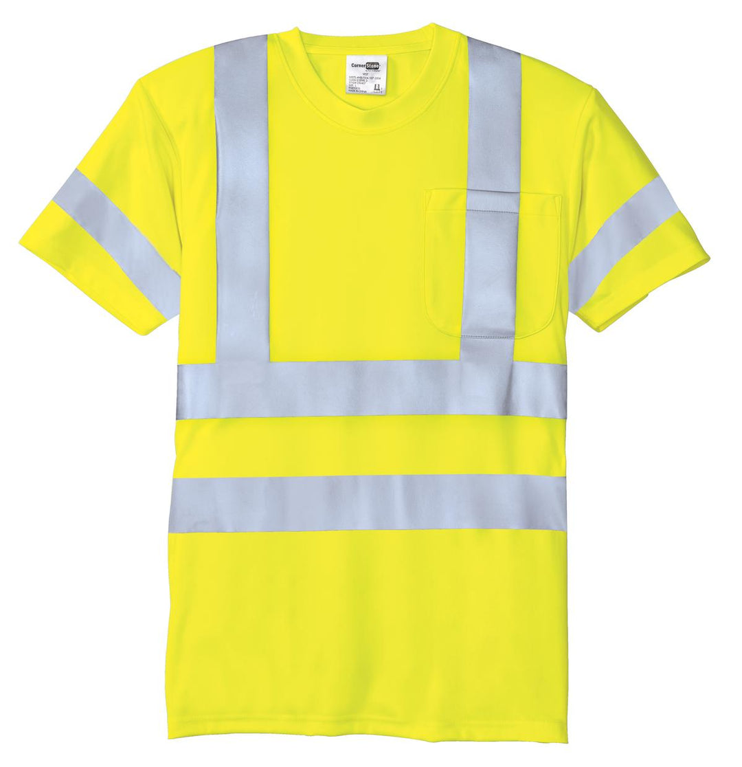 Front View of Safety Yellow CornerStone - ANSI 107 Class 3 Short Sleeve Snag-Resistant Reflective T-Shirt. CS408