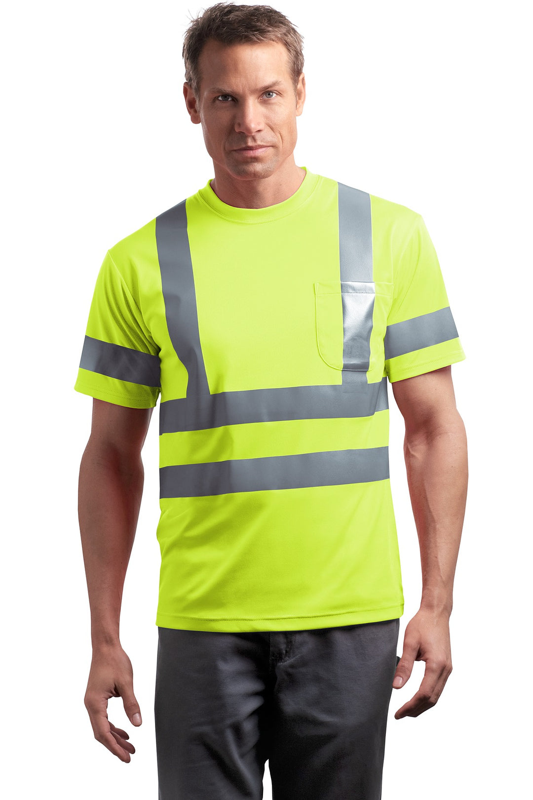 Front View of Safety Yellow CornerStone - ANSI 107 Class 3 Short Sleeve Snag-Resistant Reflective T-Shirt. CS408