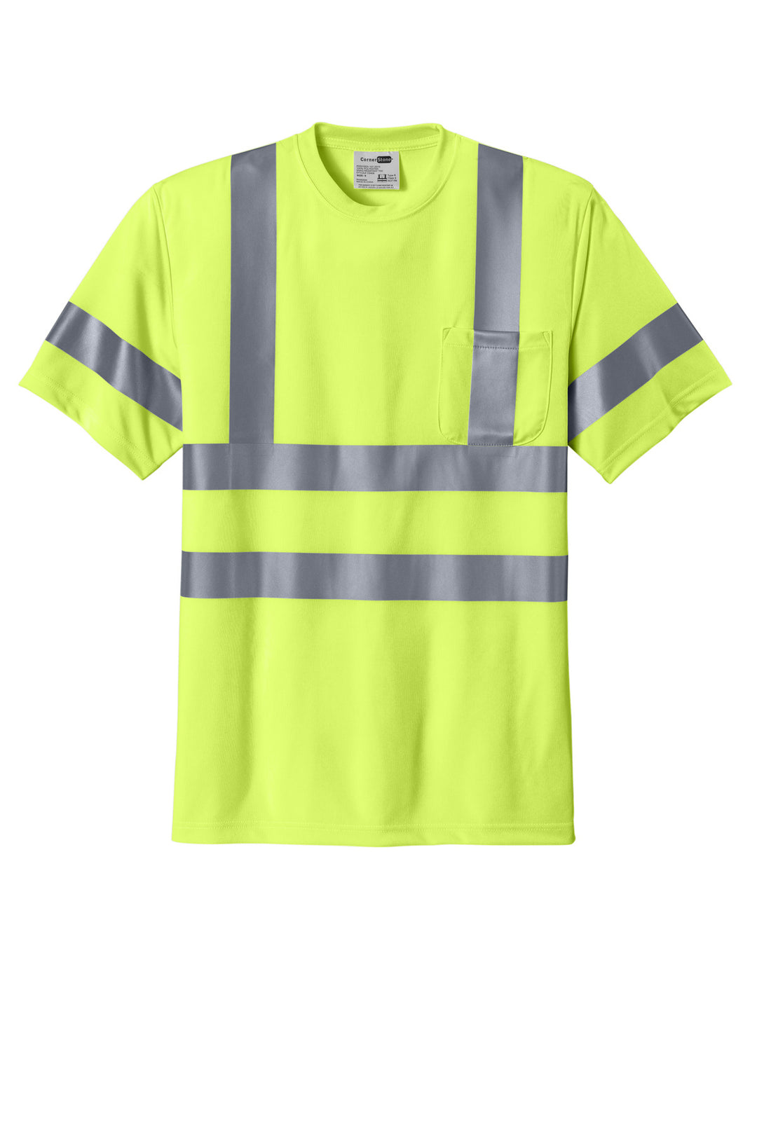 Front View of Safety Yellow CornerStone - ANSI 107 Class 3 Short Sleeve Snag-Resistant Reflective T-Shirt. CS408