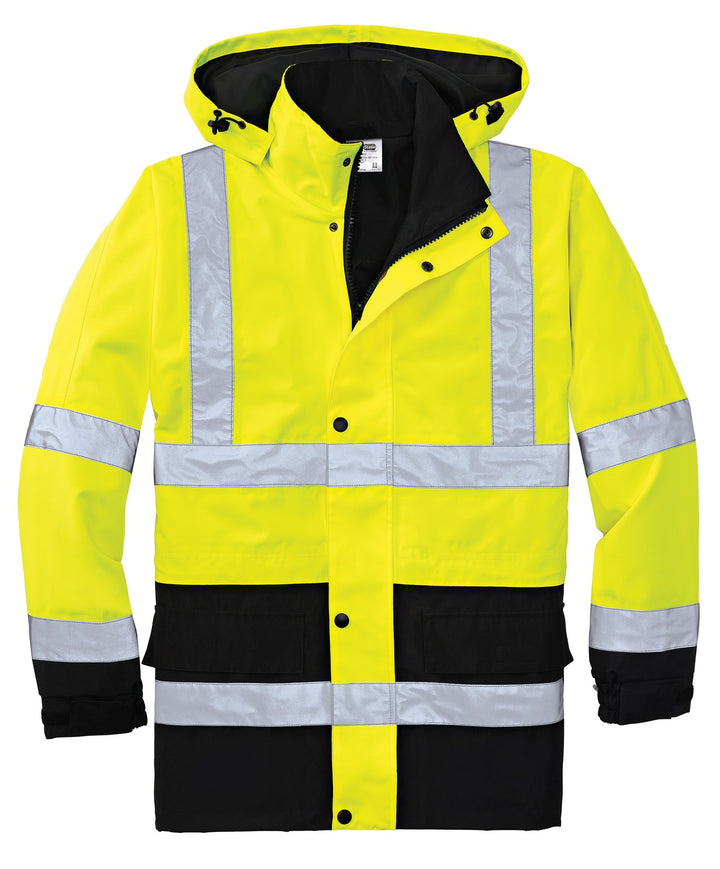 Front View of Safety Yellow CornerStone - ANSI 107 Class 3 Waterproof Parka. CSJ24