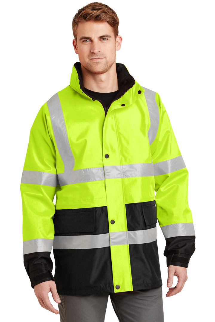 Front View of Safety Yellow CornerStone - ANSI 107 Class 3 Waterproof Parka. CSJ24