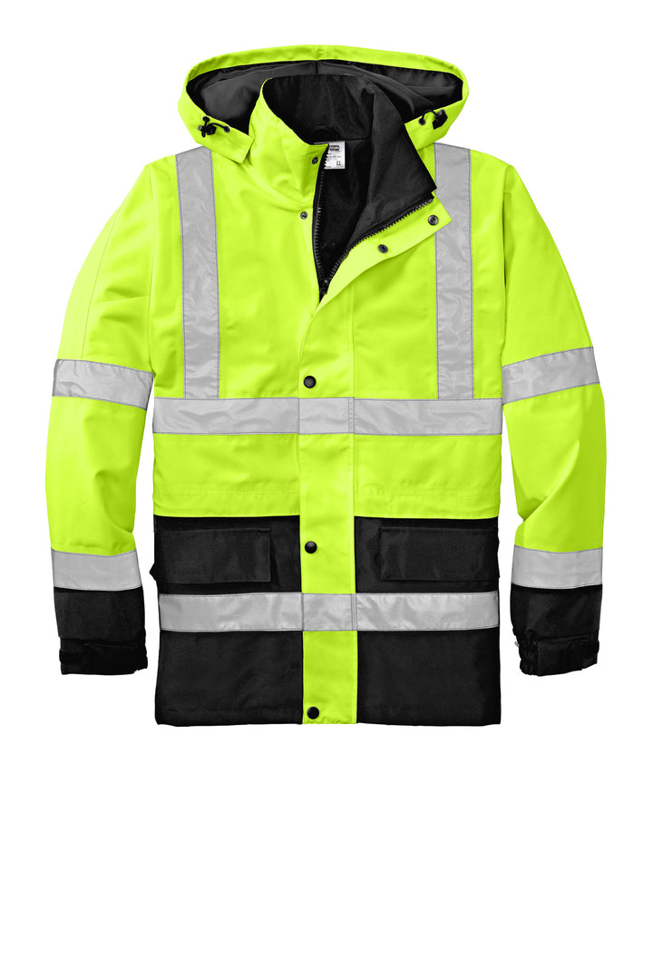 Front View of Safety Yellow CornerStone - ANSI 107 Class 3 Waterproof Parka. CSJ24
