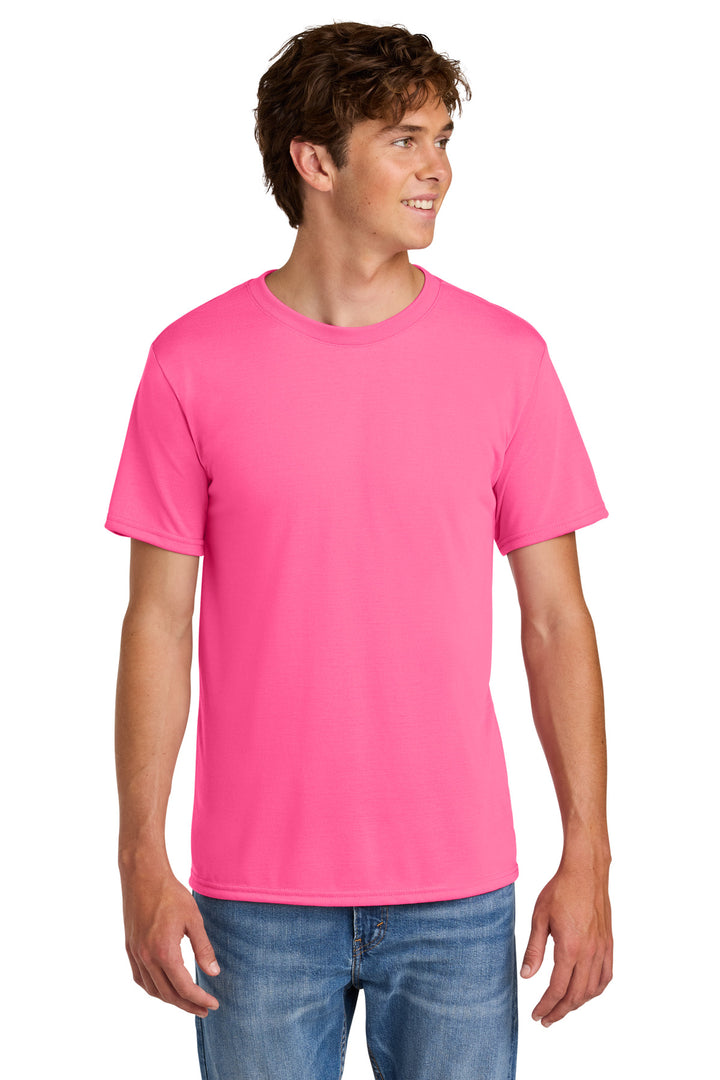 Front View of SafetyPink Gildan Gildan Performance T-Shirt. 42000
