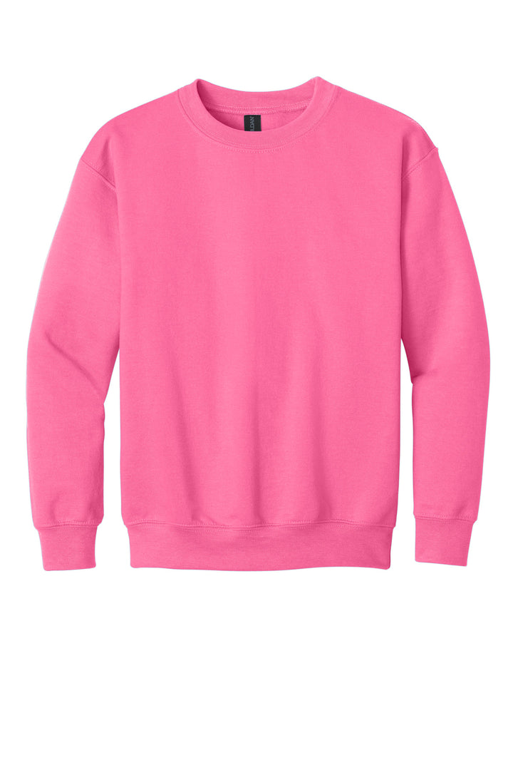 Front View of SafetyPink Gildan Youth Heavy Blend Crewneck Sweatshirt. 18000B