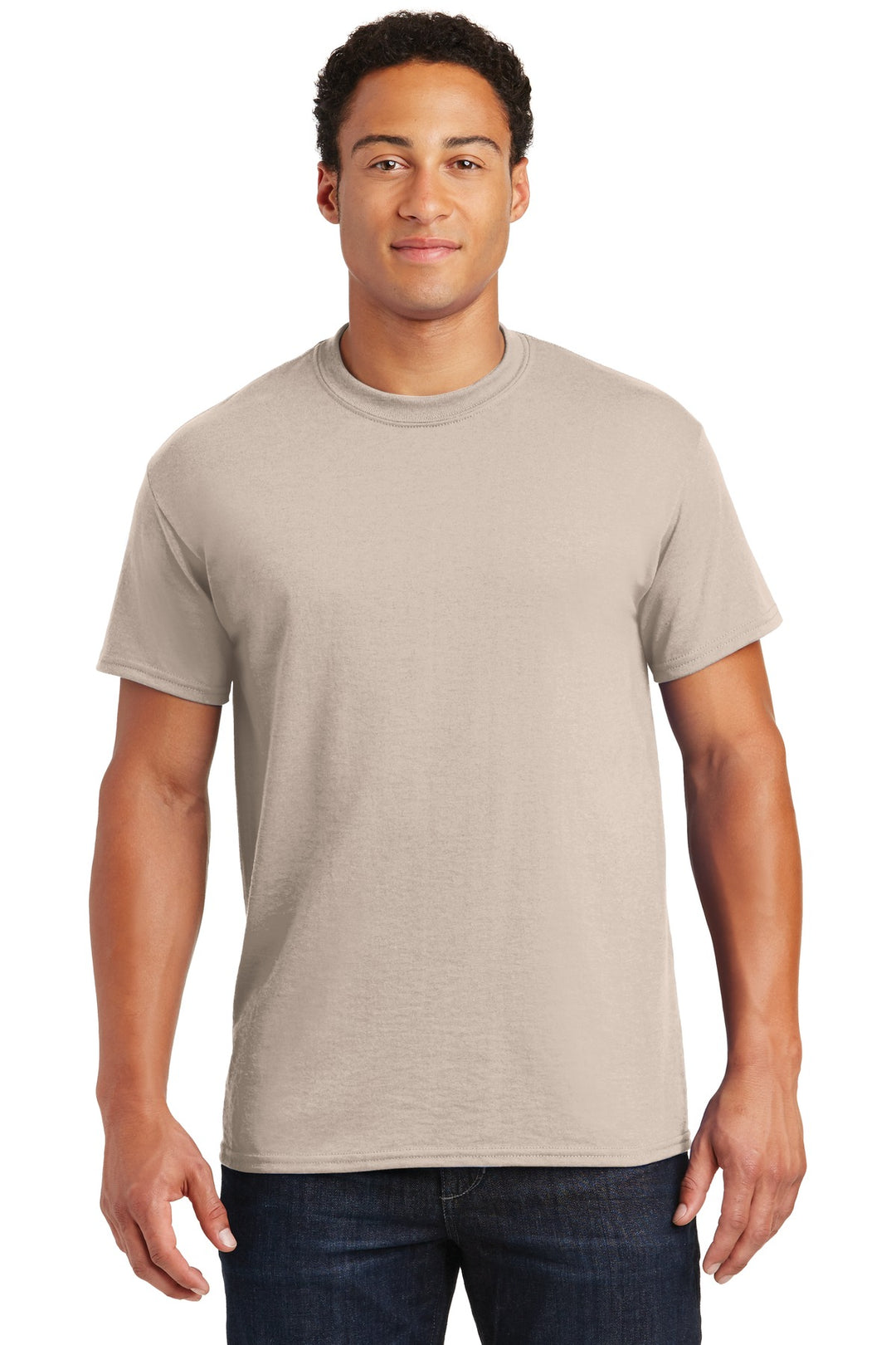 Front View of Sand Gildan DryBlend 50 Cotton/50 Poly T-Shirt. 8000