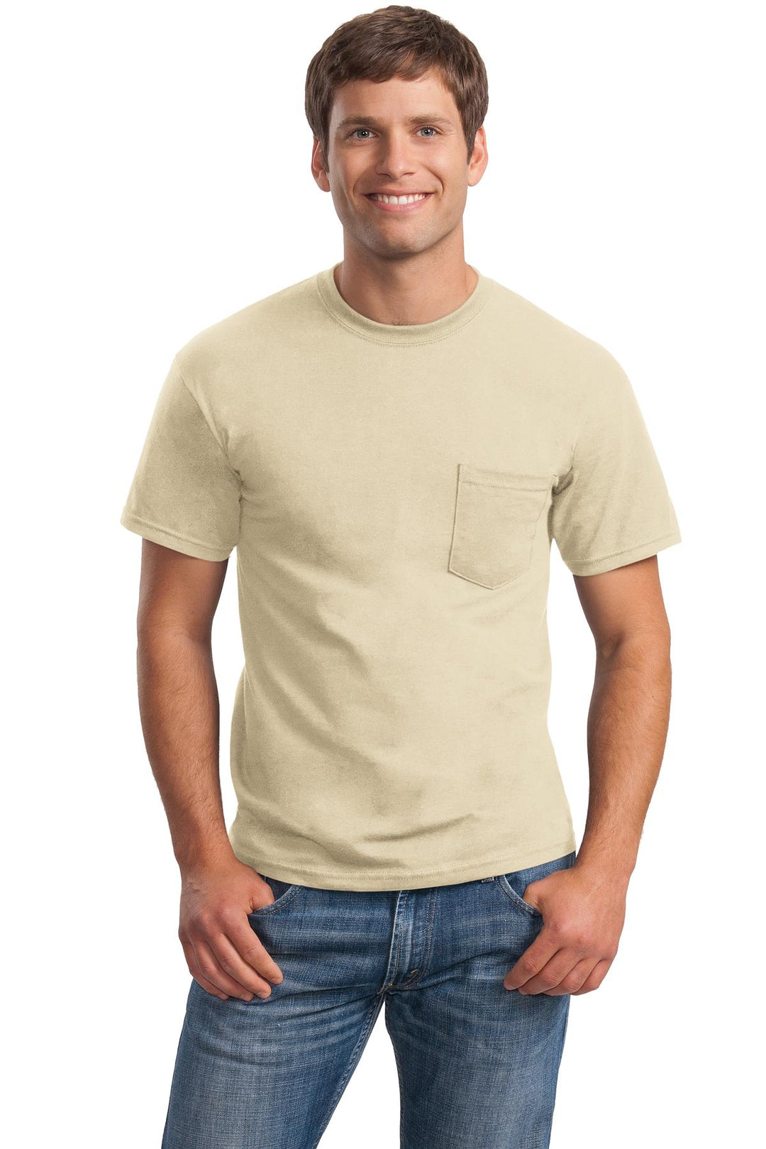 Front View of SAND Gildan - Ultra Cotton 100% US Cotton T-Shirt with Pocket. 2300