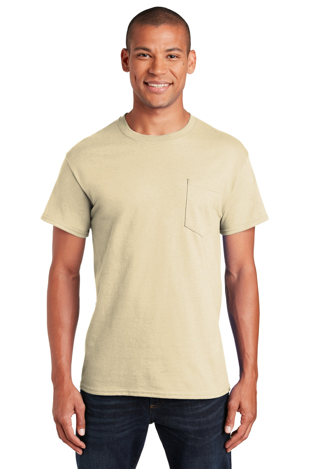 Front View of SAND Gildan - Ultra Cotton 100% US Cotton T-Shirt with Pocket. 2300
