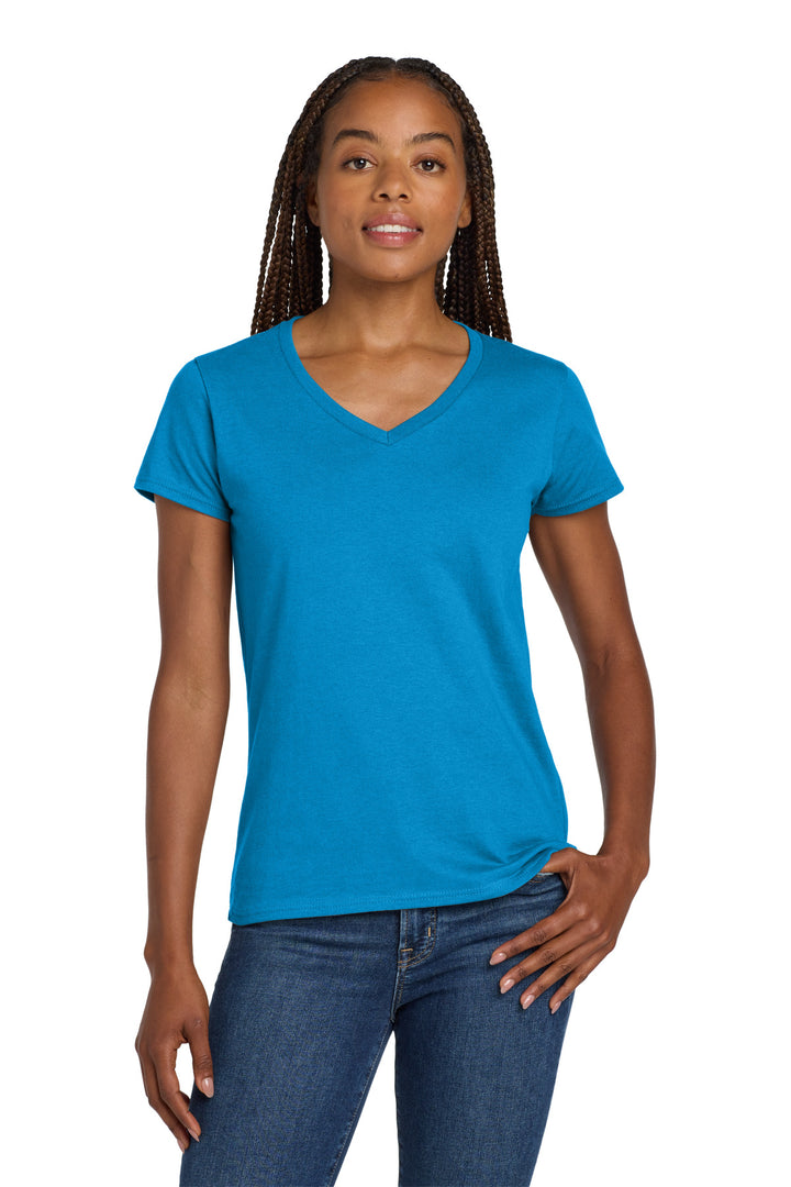 Front View of Sapphire Gildan Women's Heavy Cotton 100% Cotton V-Neck T-Shirt. 5V00L