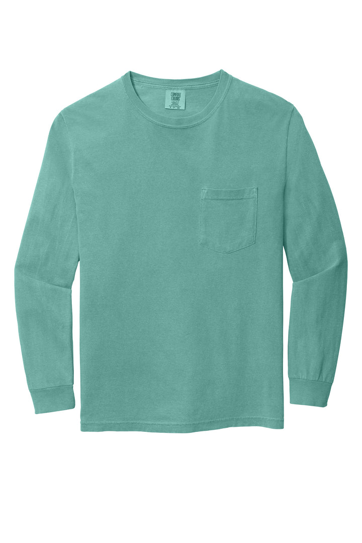 Front View of Seafoam COMFORT COLORS Heavyweight Ring Spun Long Sleeve Pocket Tee. 4410