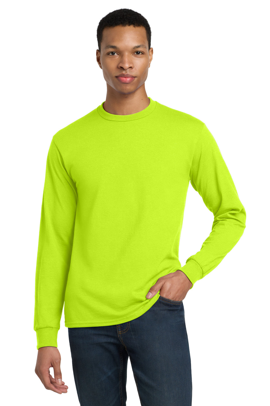 Front View of SftyGrn Gildan - DryBlend 50 Cotton/50 Poly Long Sleeve T-Shirt. 8400
