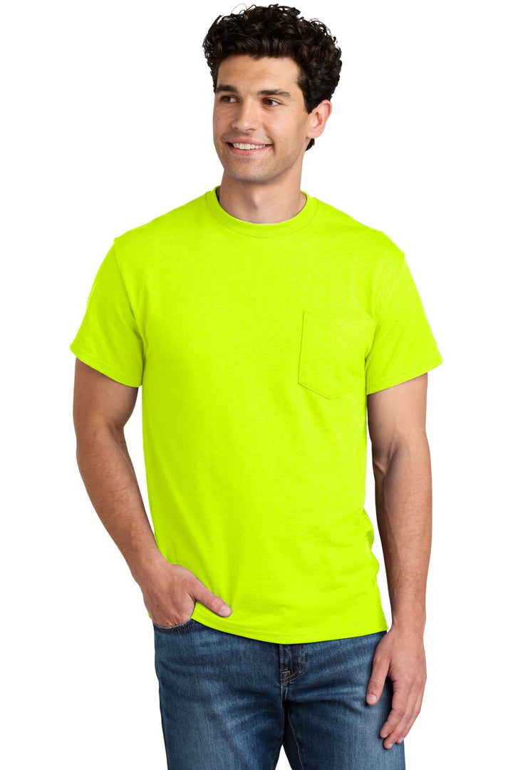 Front View of SftyGrn Gildan - DryBlend 50 Cotton/50 Poly Pocket T-Shirt. 8300