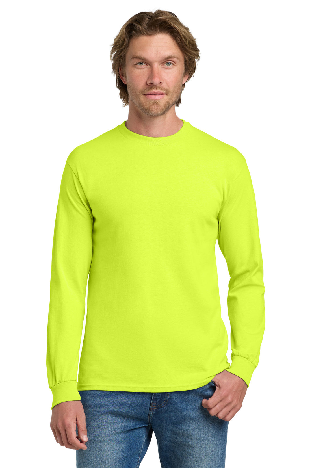 Front View of SftyGrn Gildan - Heavy Cotton 100% Cotton Long Sleeve T-Shirt. 5400