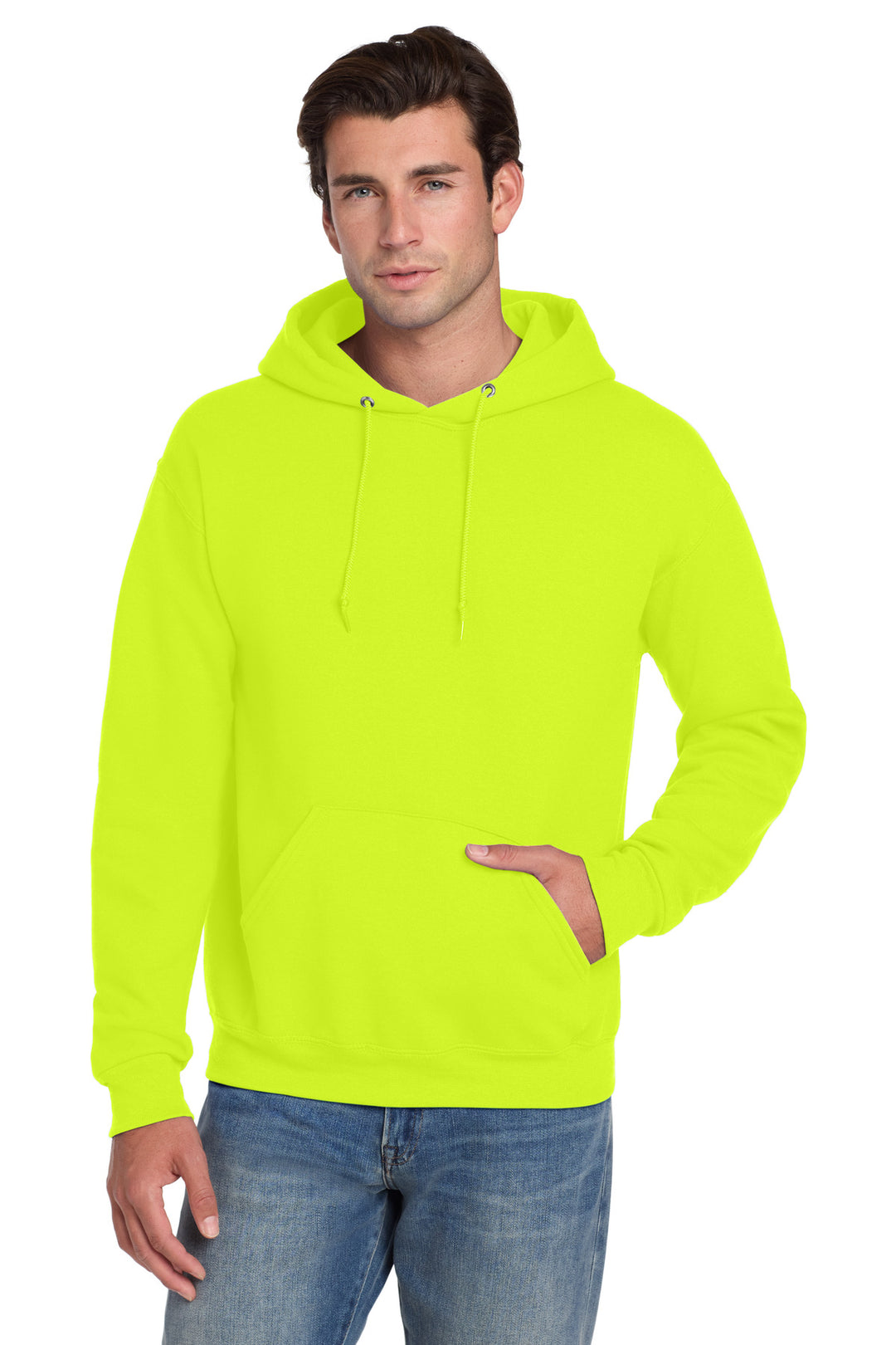Front View of SftyGrn Jerzees Super Sweats NuBlend - Pullover Hooded Sweatshirt. 4997M