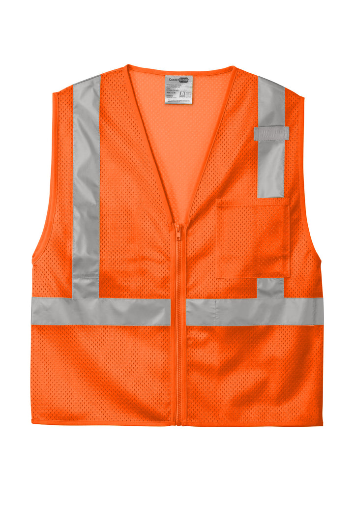 Front View of SftyOrg CornerStone ANSI 107 Class 2 Mesh Zippered Vest. CSV102
