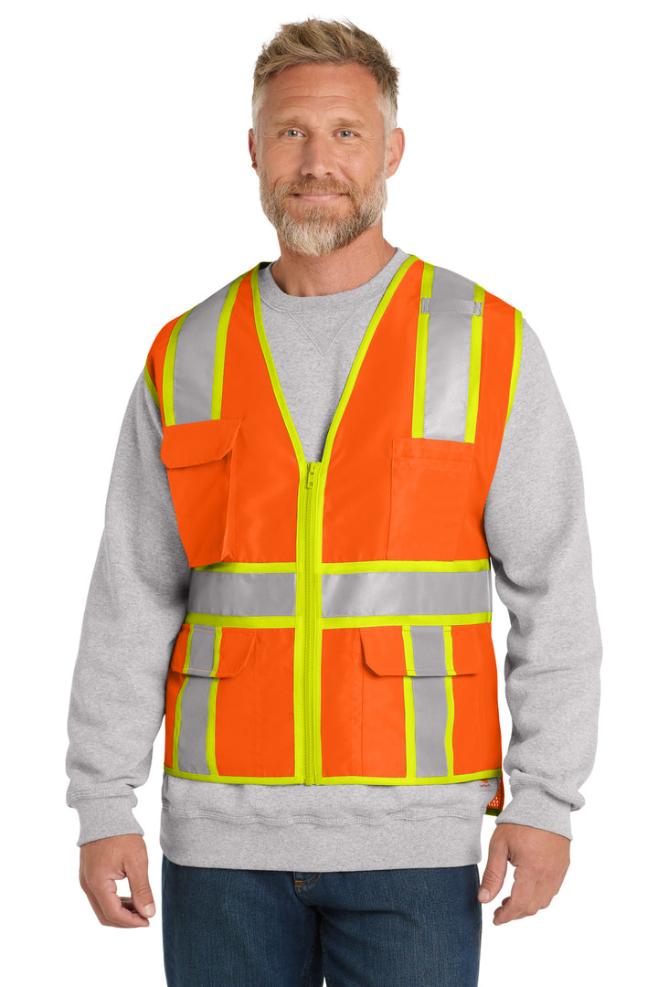 Front View of SftyOrg CornerStone ANSI 107 Class 2 Surveyor Zippered Two-Tone Vest. CSV105