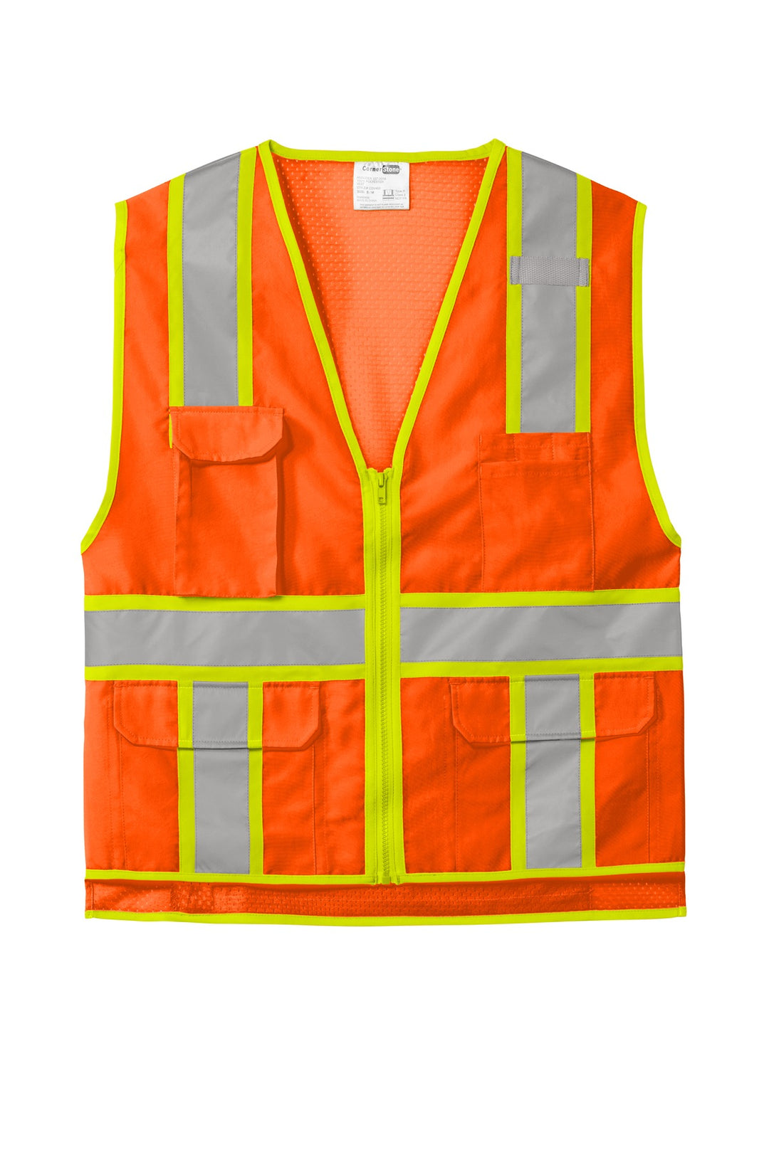 Front View of SftyOrg CornerStone ANSI 107 Class 2 Surveyor Zippered Two-Tone Vest. CSV105