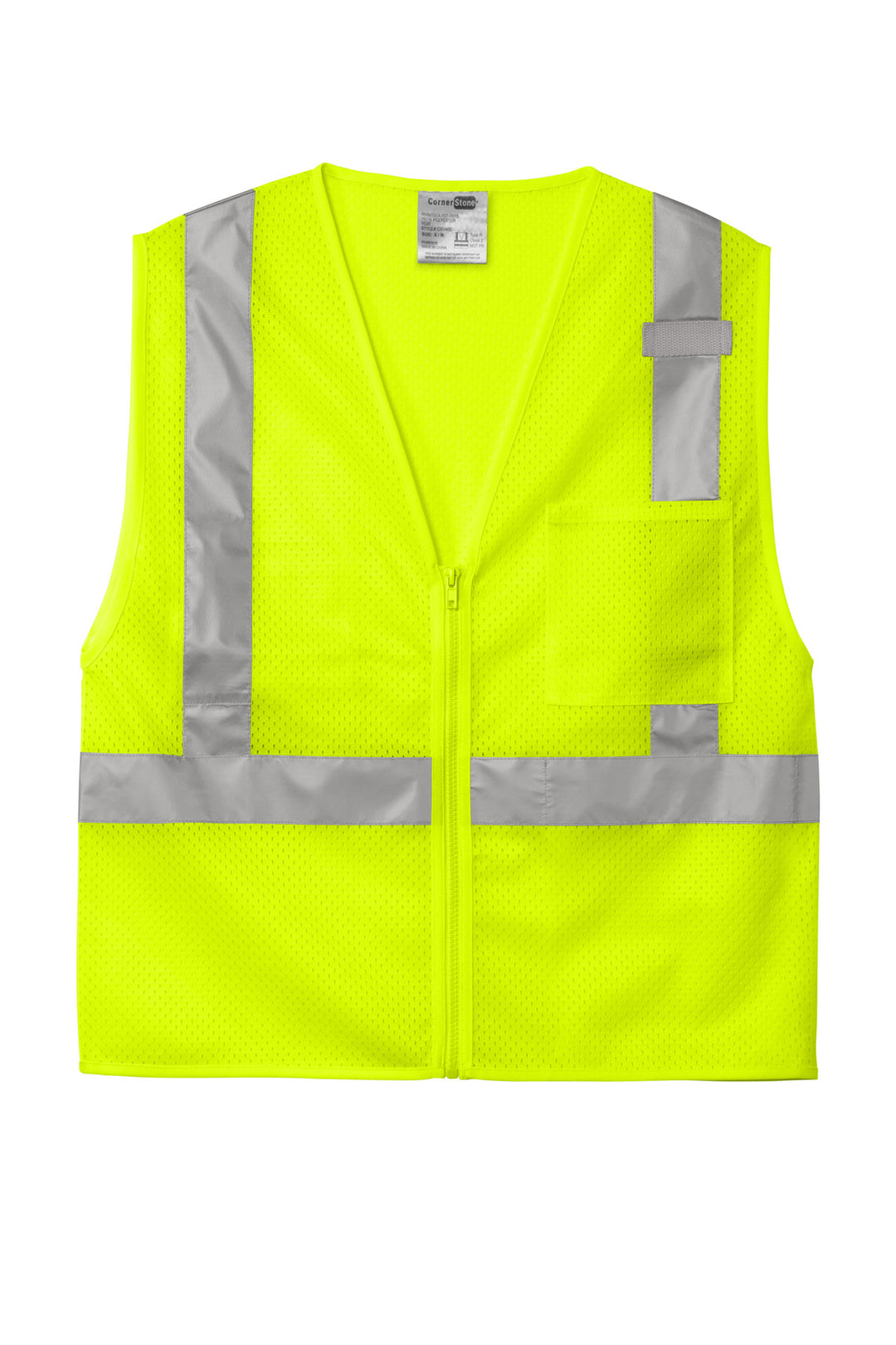 Front View of SftyYellow CornerStone ANSI 107 Class 2 Mesh Zippered Vest. CSV102