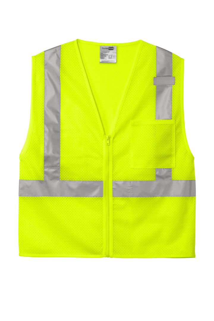 Front View of SftyYellow CornerStone ANSI 107 Class 2 Mesh Zippered Vest. CSV102