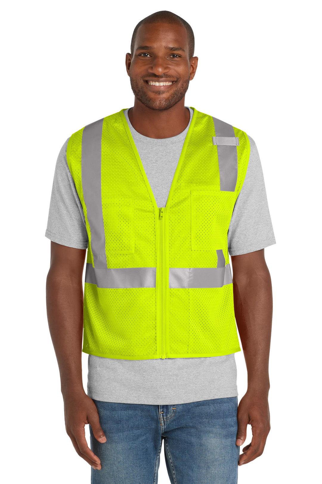 Front View of SftyYellow CornerStone ANSI 107 Class 2 Mesh Zippered Vest. CSV102