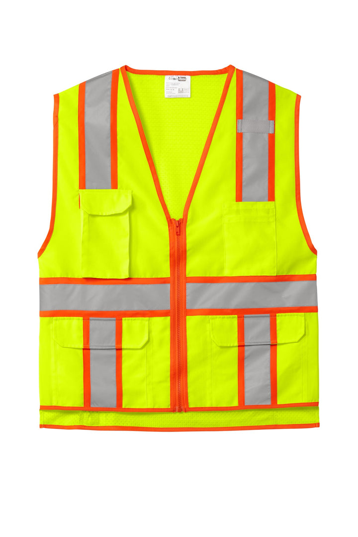 Front View of SftyYellow CornerStone ANSI 107 Class 2 Surveyor Zippered Two-Tone Vest. CSV105