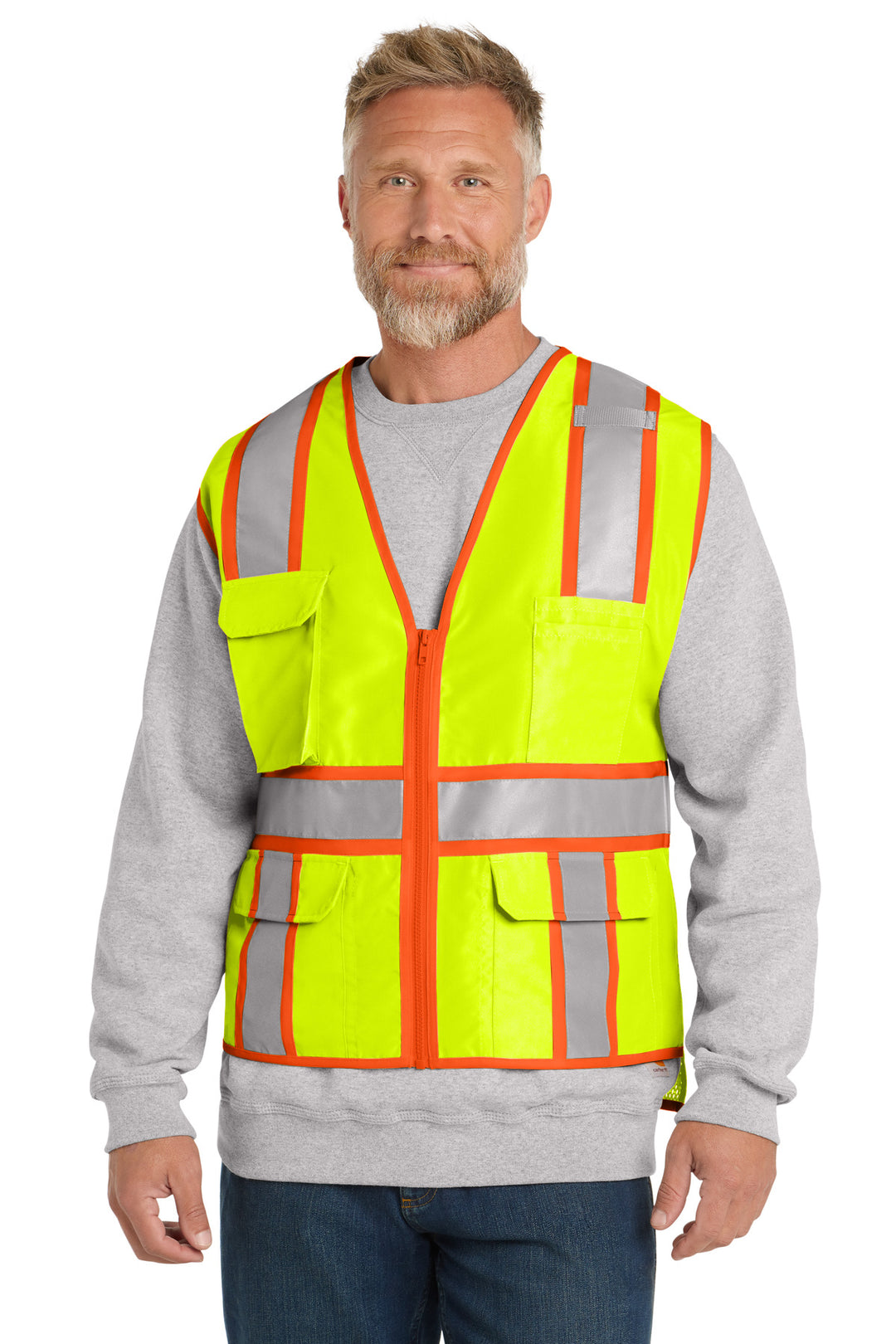 Front View of SftyYellow CornerStone ANSI 107 Class 2 Surveyor Zippered Two-Tone Vest. CSV105