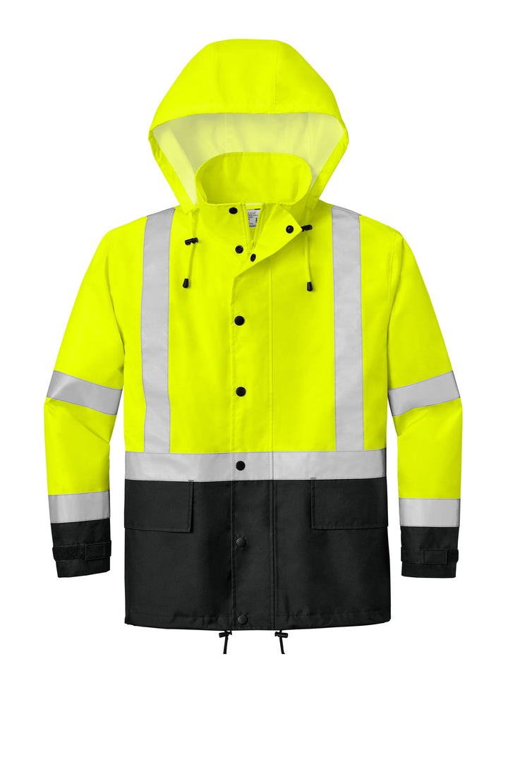 Front View of SftyYl/Blk CornerStone ANSI 107 Class 3 Rain Jacket CSJ504