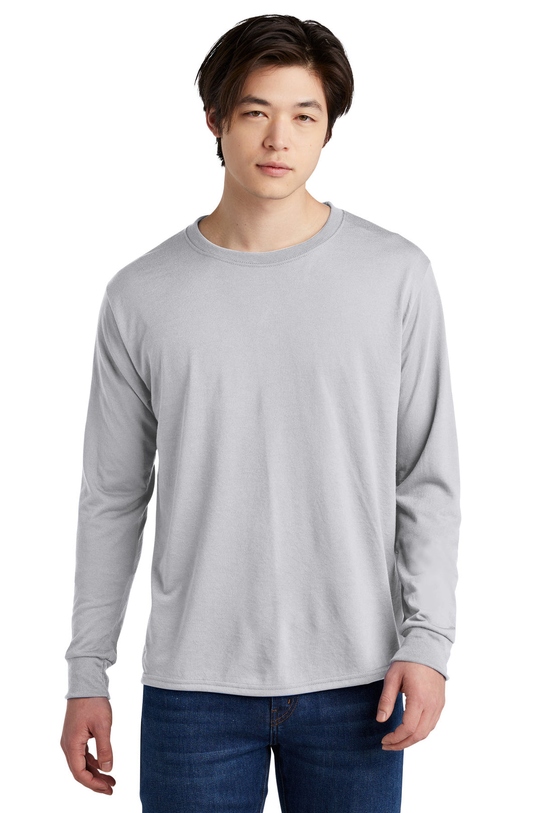 Front View of Silver Jerzees Dri-Power 100% Polyester Long Sleeve T-Shirt 21LS