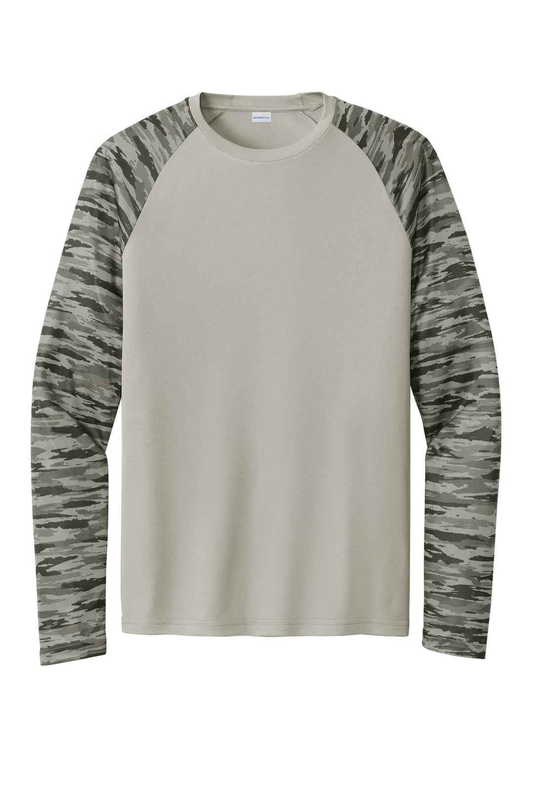 Front View of Silver Sport-Tek Drift Camo Colorblock Long Sleeve Tee ST376LS