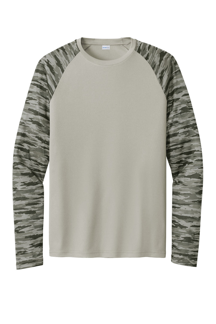 Front View of Silver Sport-Tek Drift Camo Colorblock Long Sleeve Tee ST376LS