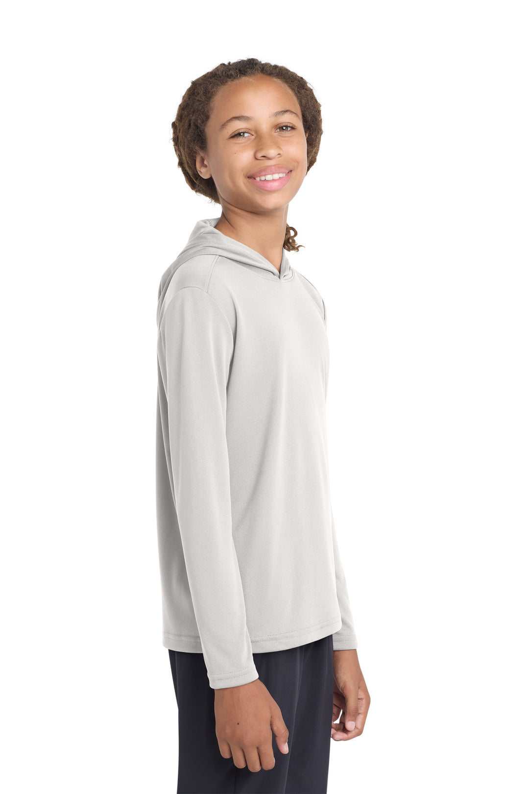 Front View of Silver Sport-Tek Youth PosiCharge Competitor Hooded Pullover. YST358