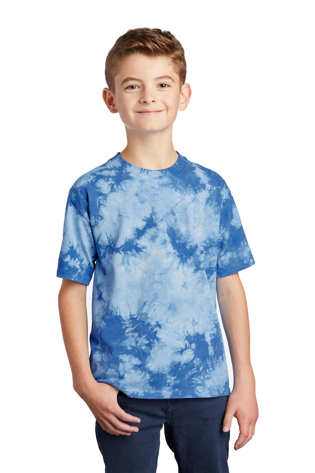 Front View of Sky Blue Port & Company Youth Crystal Tie-Dye Tee PC145Y