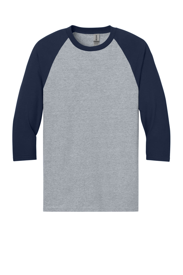 Front View of SpGTrimNvy Gildan Heavy Cotton 3/4-Sleeve Raglan T-Shirt. 5700