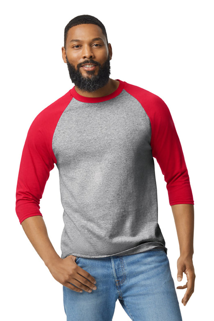 Front View of SpGTrimRed Gildan Heavy Cotton 3/4-Sleeve Raglan T-Shirt. 5700