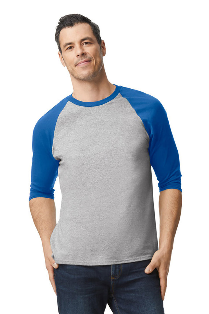 Front View of SpGTrimRyl Gildan Heavy Cotton 3/4-Sleeve Raglan T-Shirt. 5700